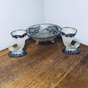 3 Vintage Cut Glass Bowl 2 Vases Sterling Silver Lilly Of Valley Flowers Overlay